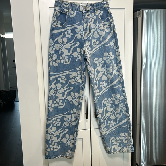 Tiger Mist Hawaiian Hibiscus High Waist Baggy Fit Button Fly Jeans - Picture 13 of 14